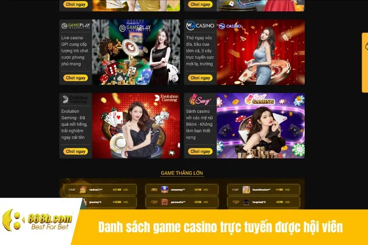 Danh sách game casino trực tuyến được hội viên lựa chọn tại 888B